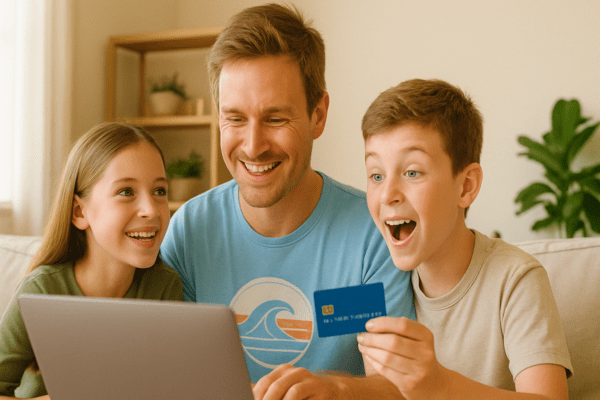 Image of a family seated a a laptop using their credit card to purchase a ticket.