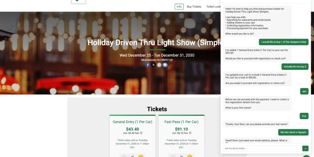 A chat showing how TicketSignup's Buy in Chat collects ticketholder data.