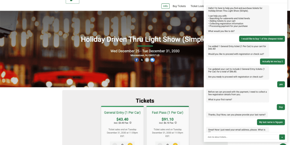 A chat showing how TicketSignup's Buy in Chat collects ticketholder data.