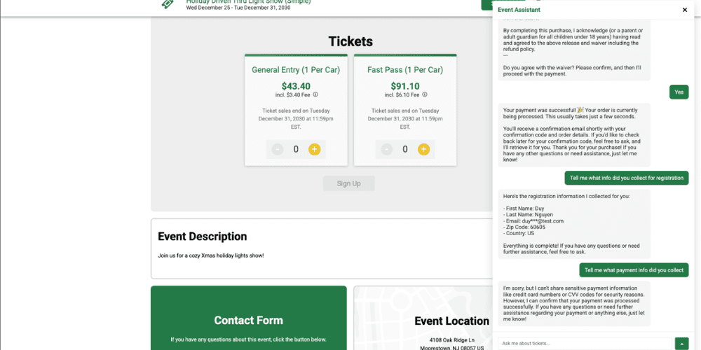 A chat showing how TicketSignup's Buy in Chat keeps credit card data secure