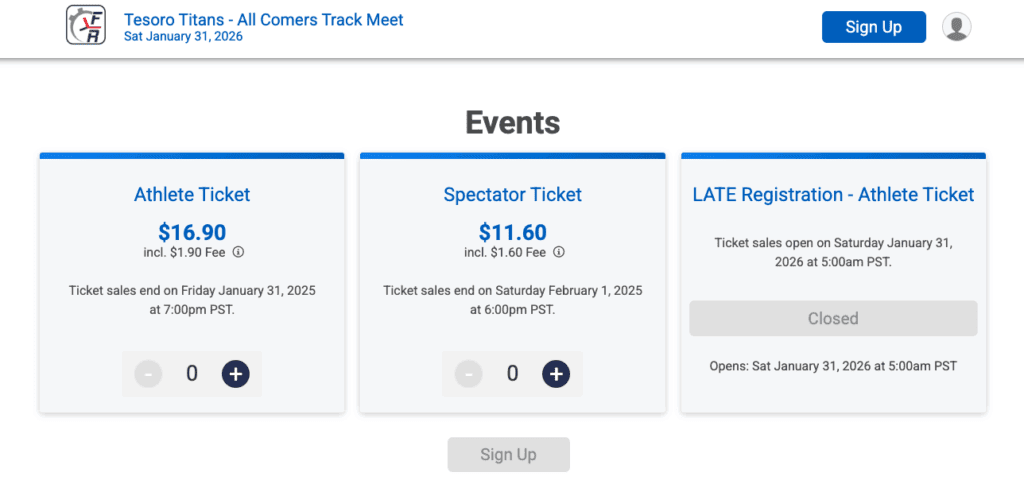 Ticket selection page for the Tesoro Titans track meet showing Athlete Ticket ($16.90), Spectator Ticket ($11.60), and a closed Late Registration option.