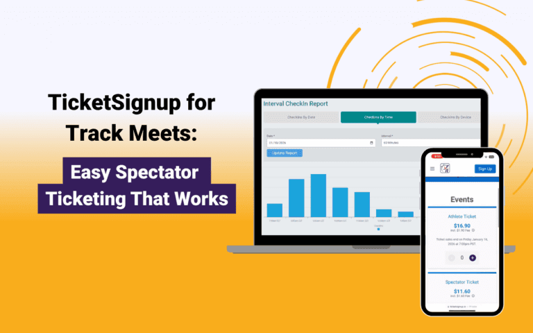 "TicketSignup for Track Meets: Easy Spectator Ticketing That Works” on the left, with “Easy Spectator Ticketing That Works” highlighted in a purple block. On the right, a laptop screen shows an “Interval CheckIn Report” bar chart (check-ins by time), and a phone screen displays a ticket purchase page with “Athlete Ticket” and “Spectator Ticket” options. The background fades from light gray to orange with pink and purple curved accent lines in the top-right corner.