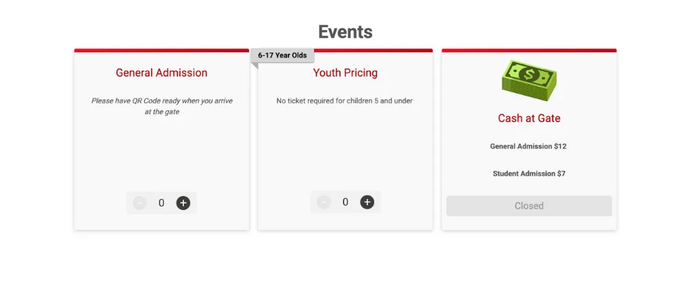 Three ticket options, including “Cash at Gate” – a slightly higher priced option