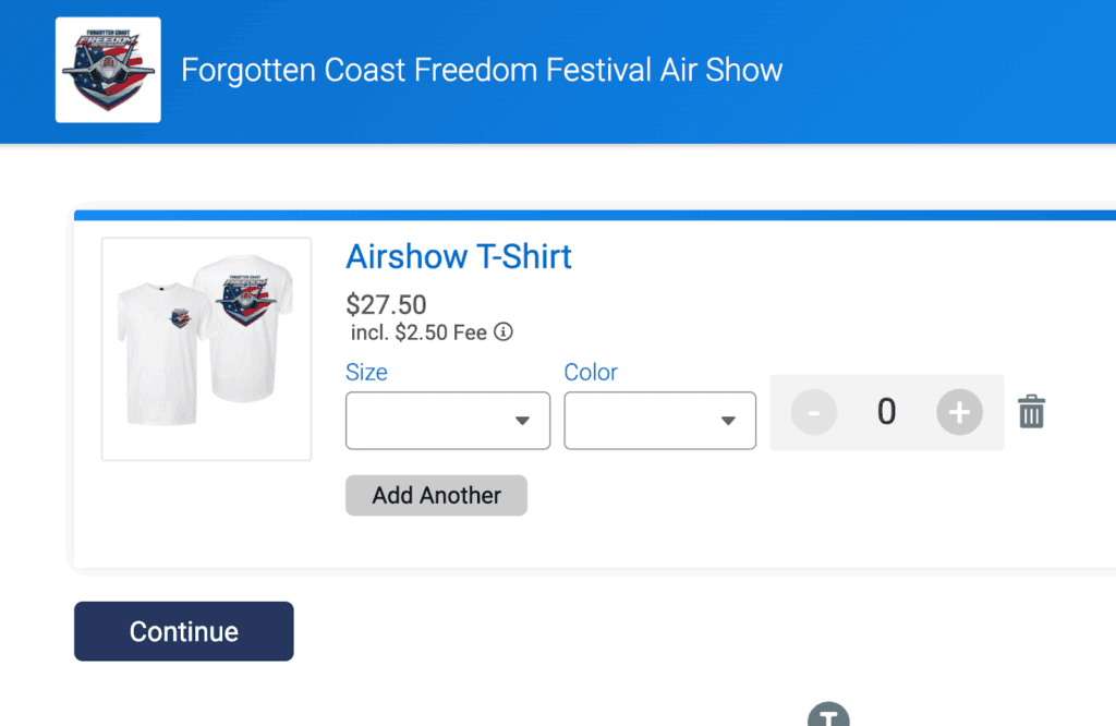 Ticket purchase page for ‘Forgotten Coast Freedom Festival Air Show’ showing an ‘Airshow T-Shirt’ add-on for $27.50 (includes a $2.50 fee), with size and color dropdowns, quantity controls, and a ‘Continue’ button.