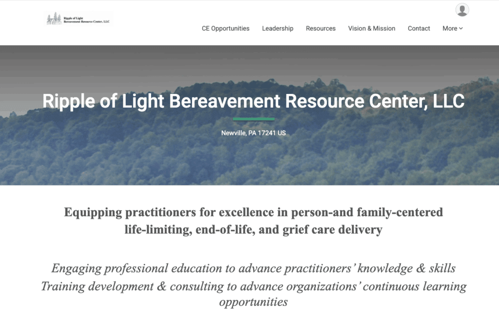 A view of the Ripple of Light Bereavement Resource Centerwebsite’s home page