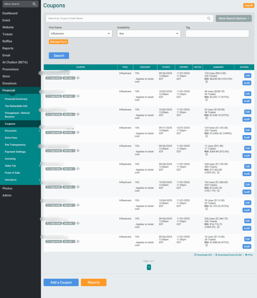 Influencer marketing for ticket events coupon tracking dashboard