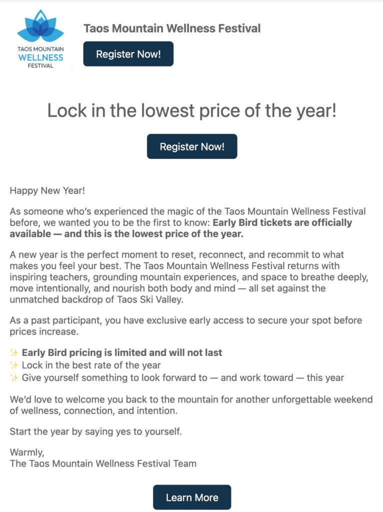 Marketing email sent using TicketSignup’s free email marketing