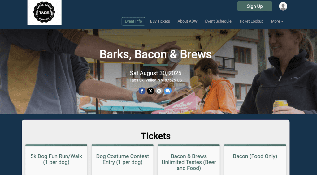 The homepage for Barks, Bacon & Brews highlighting four ticket options