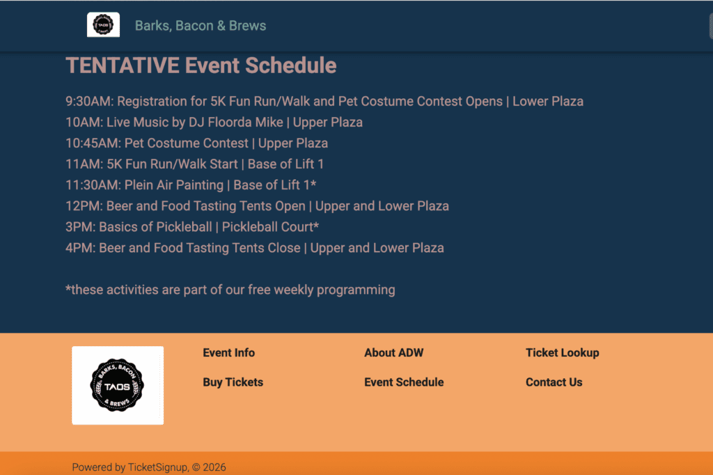 Event schedule for the Barks, Bacon, and Brews event