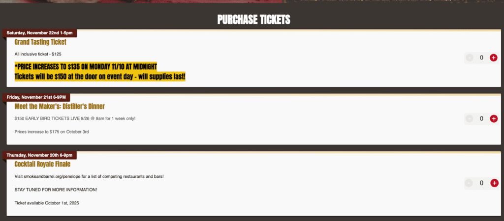 Smoke & Barrel week ticket options featuring price increases