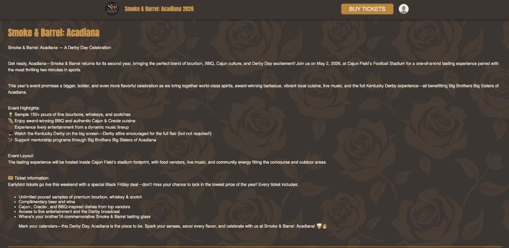 Smoke & Barrel event website with custom background
