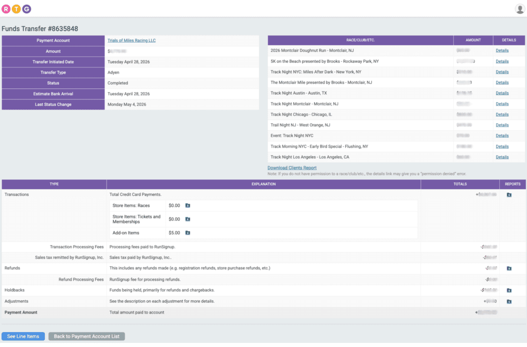 A detailed payout report showing payment breakdown by event
