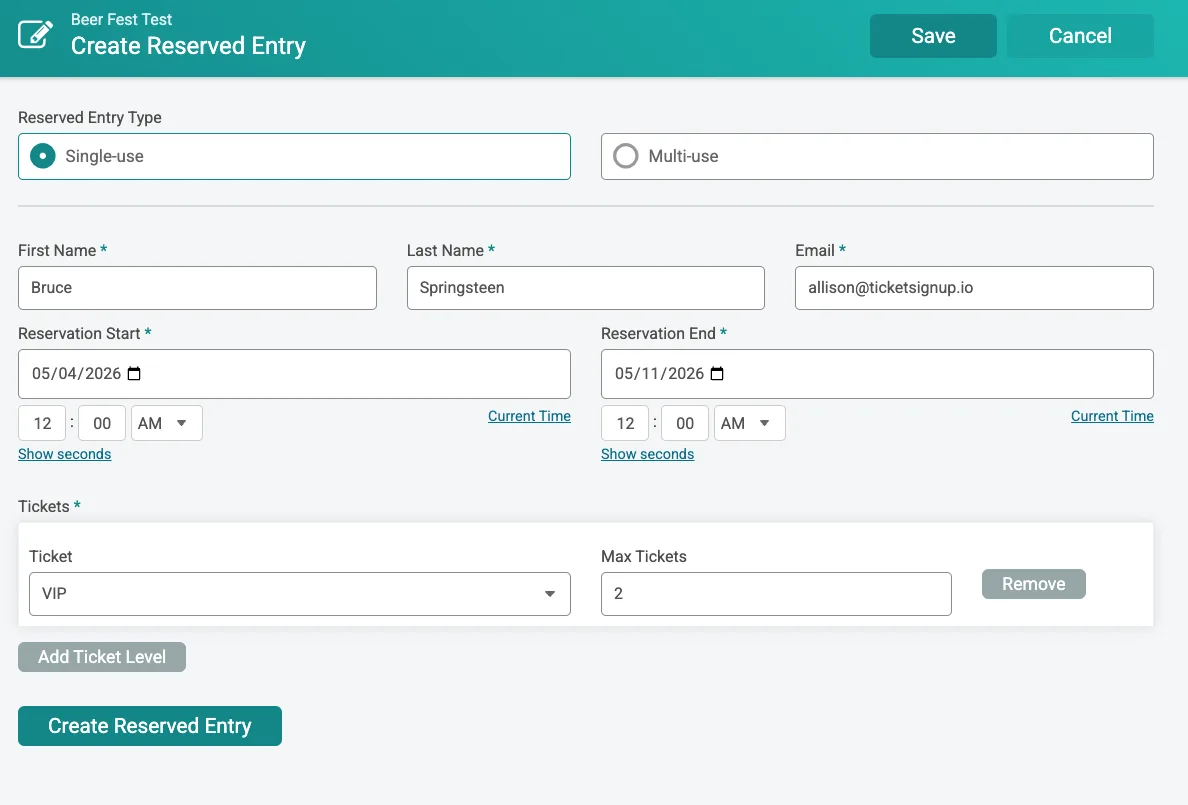 Reserved Entries for Ticket Events