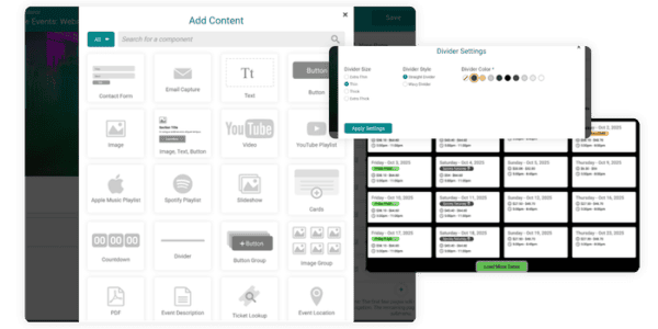 Access flexible components for your event website.