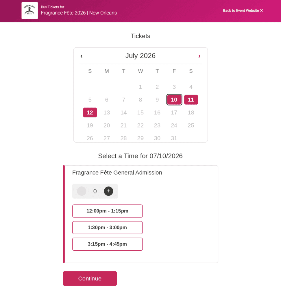 Timed entry view from event website