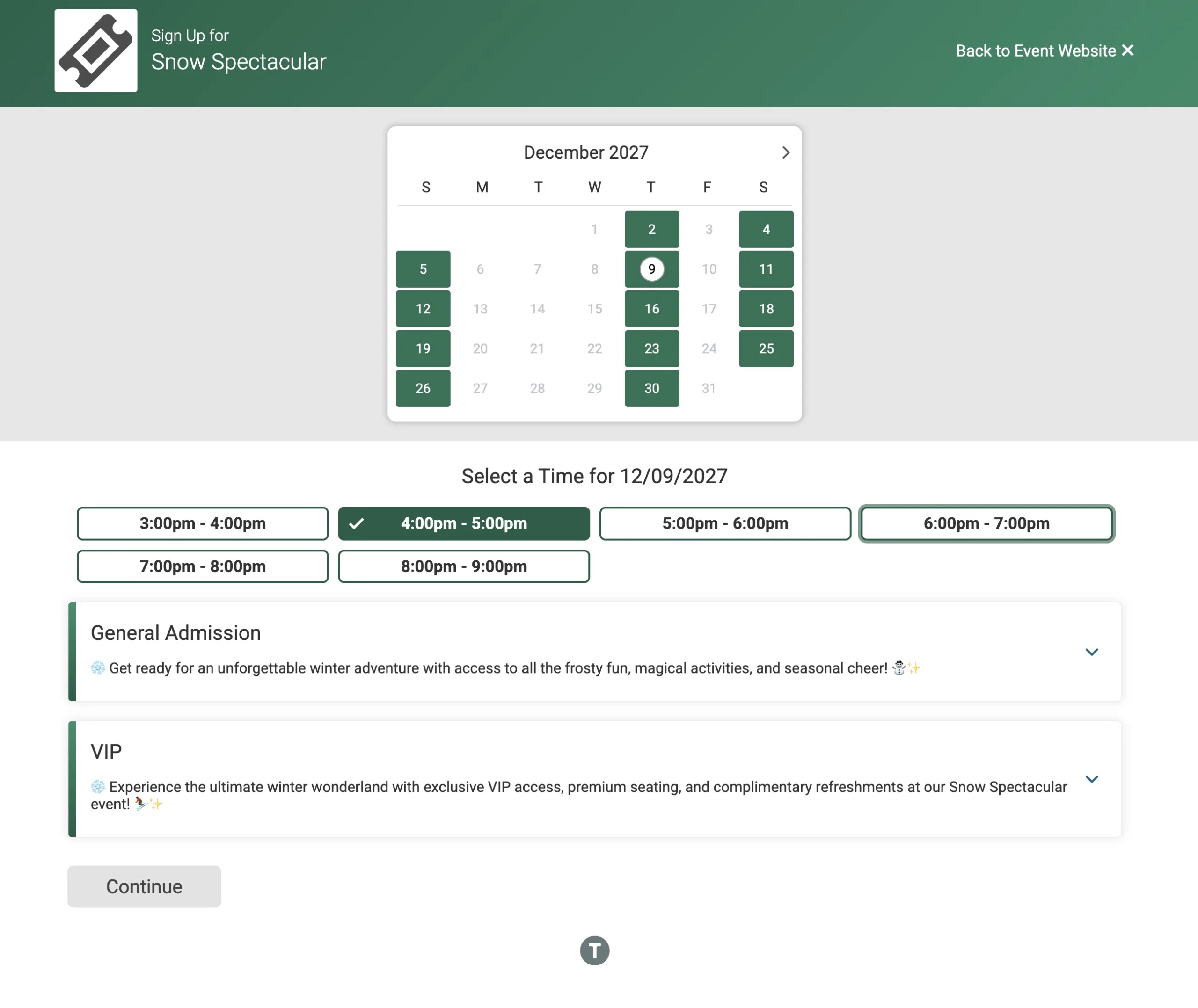 ticket categories for calendar-based events