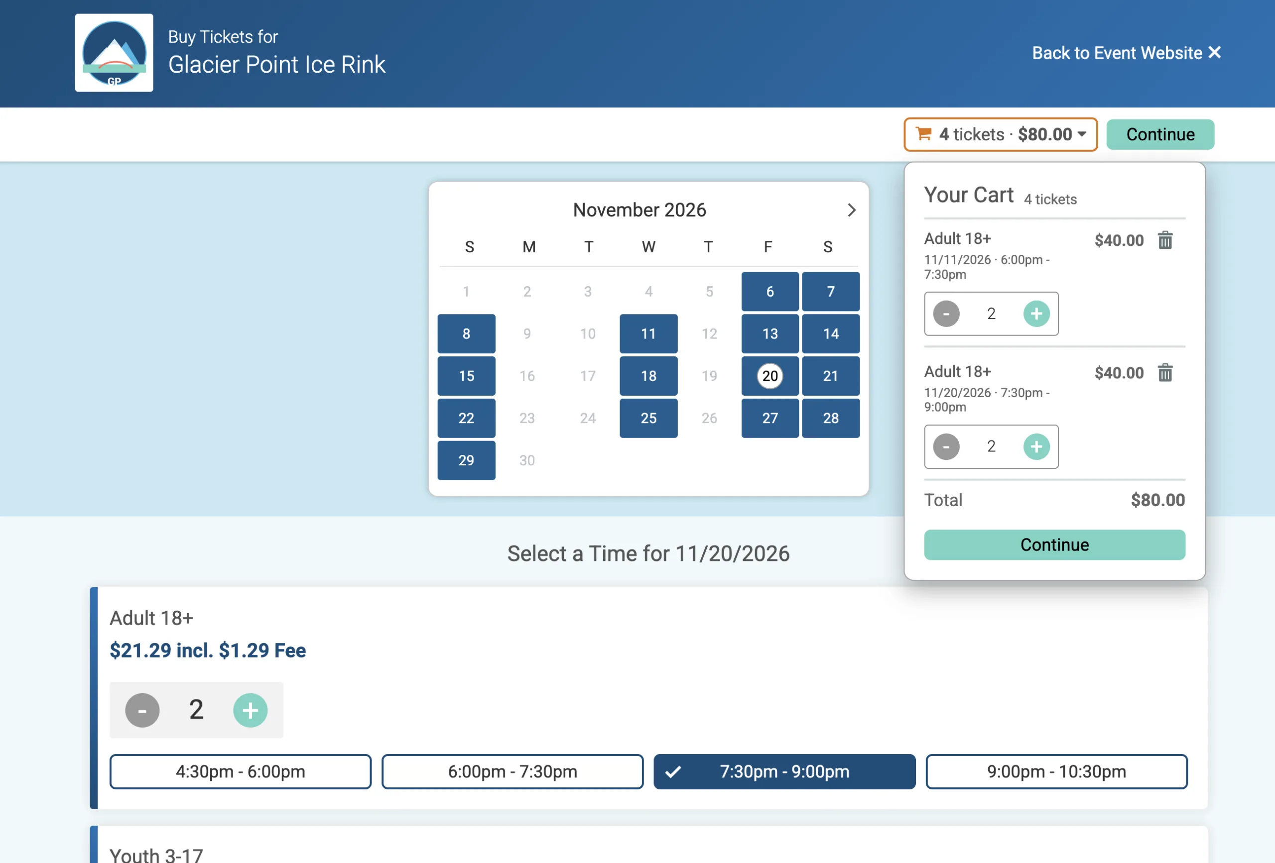 multi-date registration for calendar-based events